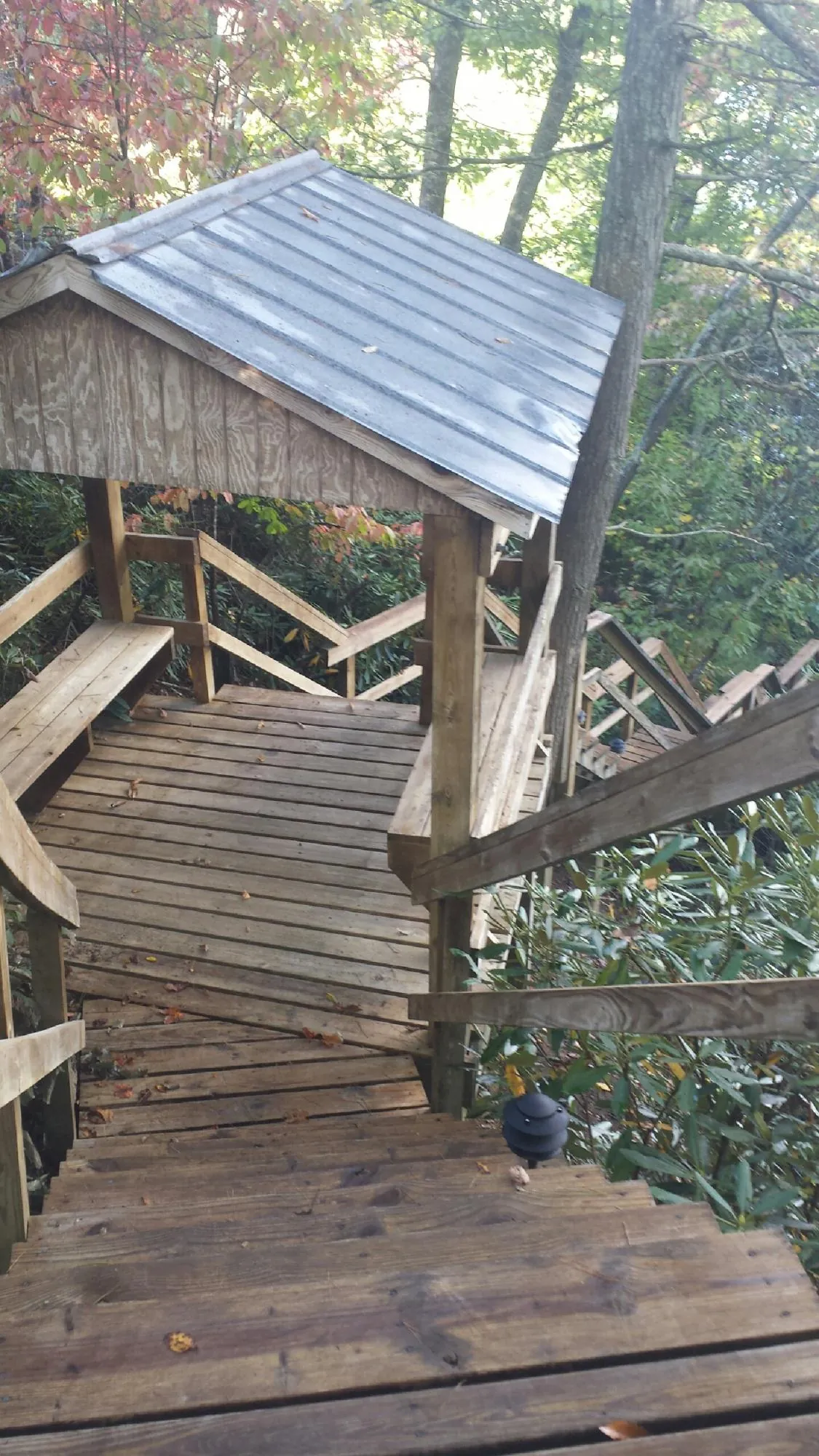 Metal roofed shelter over wooden steps on a wooded walkway — Skylight Repair & Installation work by our crew in Miamiville